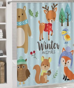 Cute Winter Animals Bear Deer Rabbit Shower Curtain for Bathroom - Winter Snowy Shower Curtains Decor