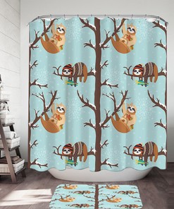 Cute Winter Sloths Print Shower Curtain For Bathroom Decor