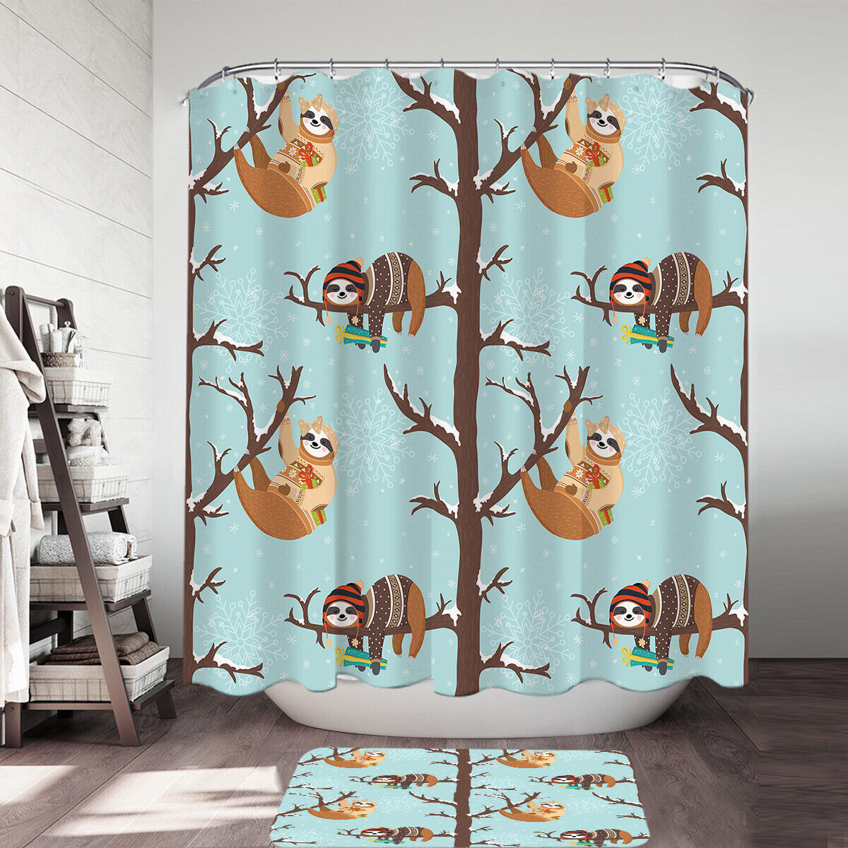 Cute Winter Sloths Print Shower Curtain For Bathroom Decor
