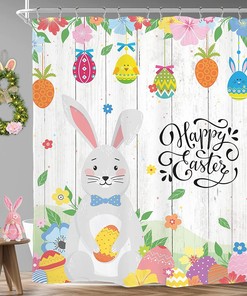 Cute Wooden Easter Bunny Cartoon Shower Curtain For Bathroom Decor