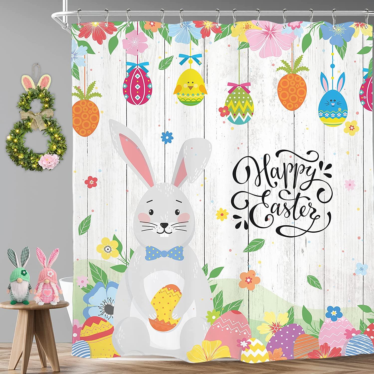 Cute Wooden Easter Bunny Cartoon Shower Curtain For Bathroom Decor