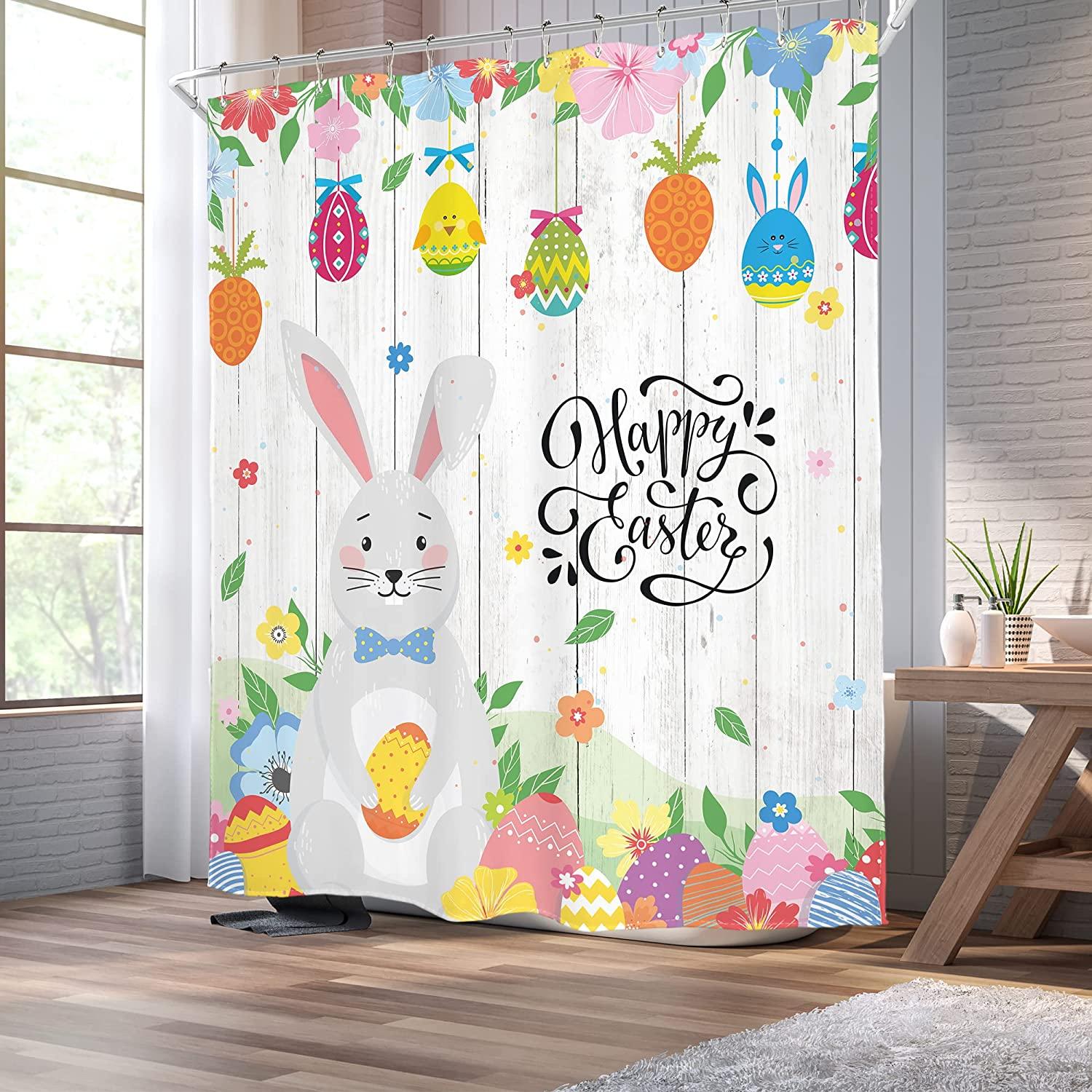 Cute Wooden Easter Bunny Cartoon Shower Curtain For Bathroom Decor