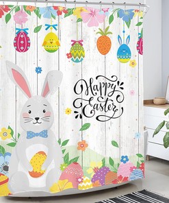 Cute Wooden Easter Bunny Cartoon Shower Curtain For Bathroom Decor