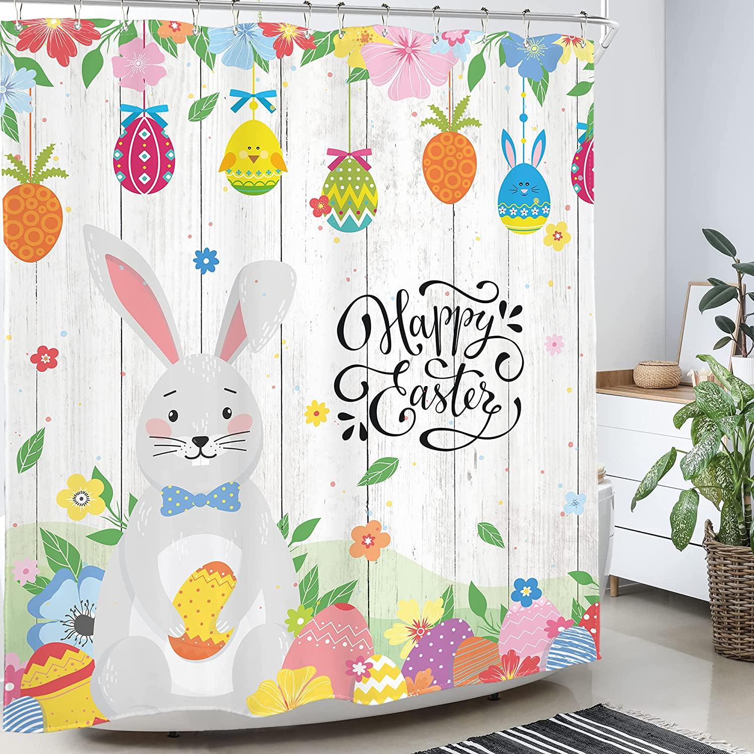 Cute Wooden Easter Bunny Cartoon Shower Curtain For Bathroom Decor