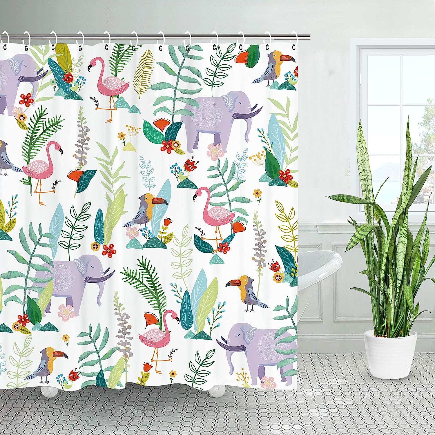 Cute Woodland Kids Shower Curtain - Elephant and Animals Jungle Bathroom Decor for Toddler Baby