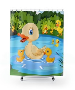 Cute Yellow Duck Bathing Shower Curtain with Adorable Baby and Mom Duck Design for Kids Bathroom 