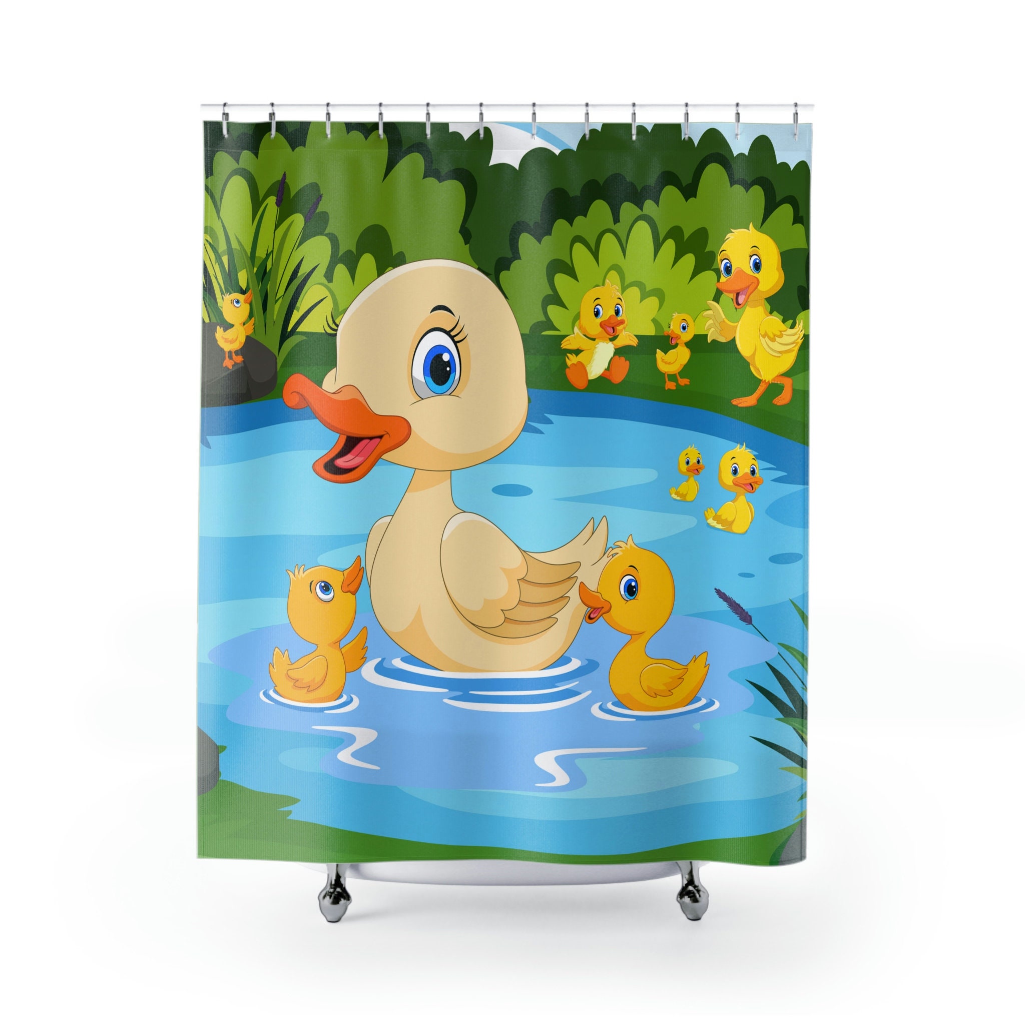 Cute Yellow Duck Bathing Shower Curtain with Adorable Baby and Mom Duck Design for Kids Bathroom