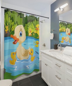Cute Yellow Duck Bathing Shower Curtain with Adorable Baby and Mom Duck Design for Kids Bathroom