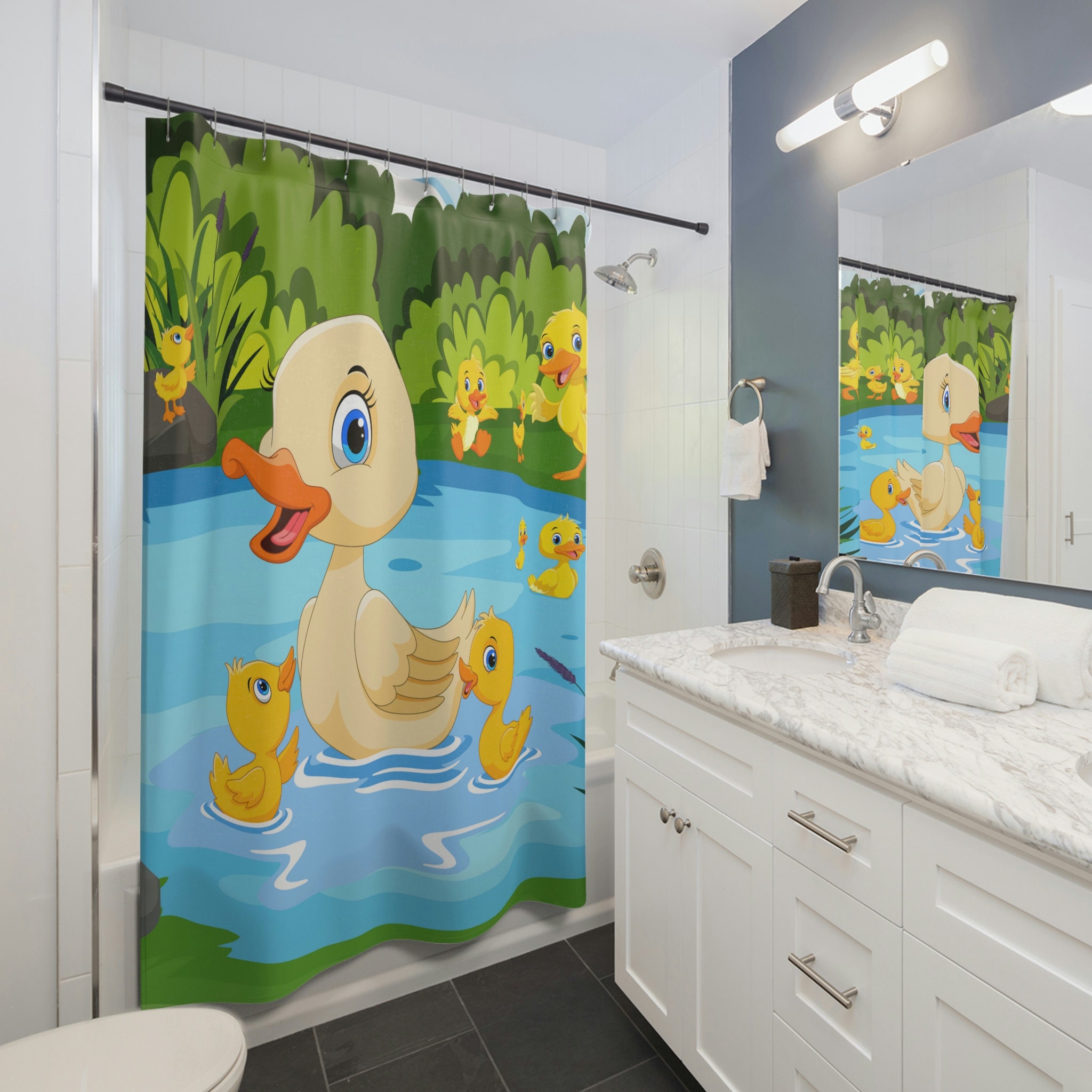 Cute Yellow Duck Bathing Shower Curtain with Adorable Baby and Mom Duck Design for Kids Bathroom