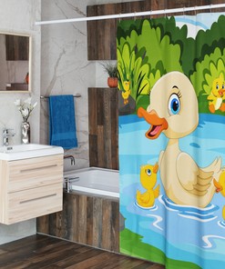 Cute Yellow Duck Bathing Shower Curtain with Adorable Baby and Mom Duck Design for Kids Bathroom