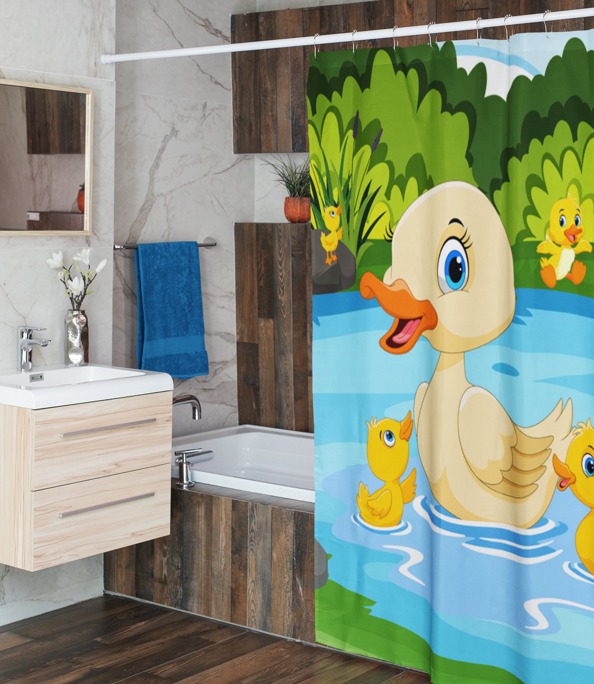 Cute Yellow Duck Bathing Shower Curtain with Adorable Baby and Mom Duck Design for Kids Bathroom