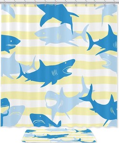Cute Yellow Stripes And Shark Shower Set With Waterproof Fabric And Bathroom Accessories