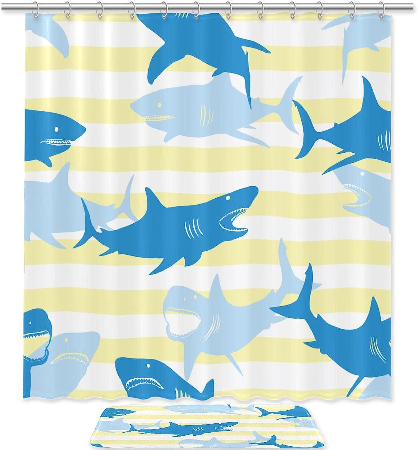Cute Yellow Stripes And Shark Shower Set With Waterproof Fabric And Bathroom Accessories