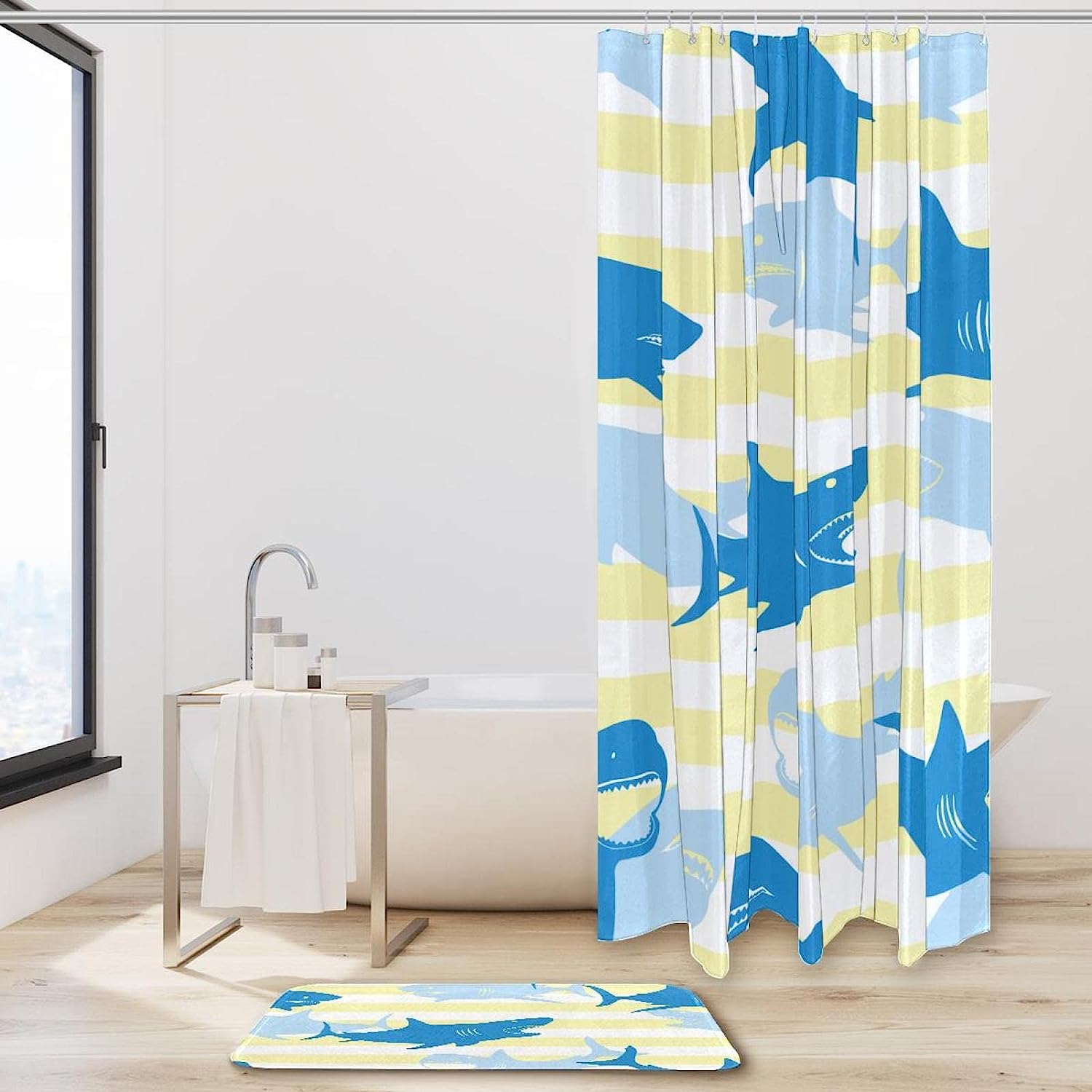 Cute Yellow Stripes And Shark Shower Set With Waterproof Fabric And Bathroom Accessories - Image 2