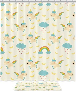 Cute Yellow Unicorn And Rainbow Pattern Shower Curtain With Bath Set Accessories