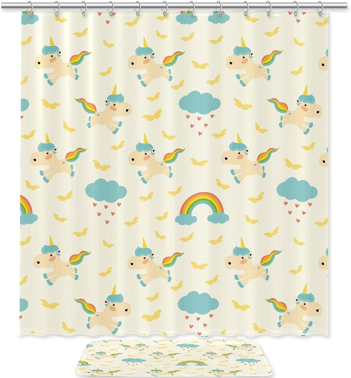 Cute Yellow Unicorn And Rainbow Pattern Shower Curtain With Bath Set Accessories