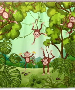 Cute and Funny Forest Monkeys with Green Leaves Print Shower Curtain Set - Quick-Drying Curtain for Bathroom Decor