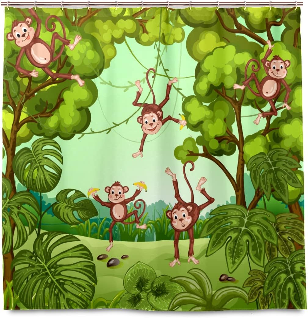 Cute and Funny Forest Monkeys with Green Leaves Print Shower Curtain Set - Quick-Drying Curtain for Bathroom Decor