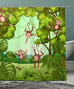 Cute and Funny Forest Monkeys with Green Leaves Print Shower Curtain Set - Quick-Drying Curtain for Bathroom Decor
