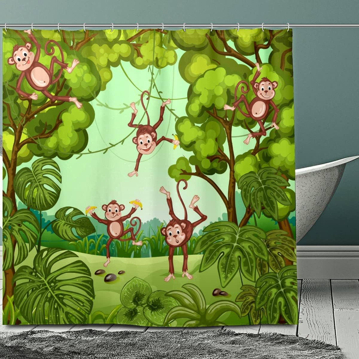 Cute and Funny Forest Monkeys with Green Leaves Print Shower Curtain Set - Quick-Drying Curtain for Bathroom Decor