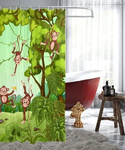 Cute and Funny Forest Monkeys with Green Leaves Print Shower Curtain Set - Quick-Drying Curtain for Bathroom Decor