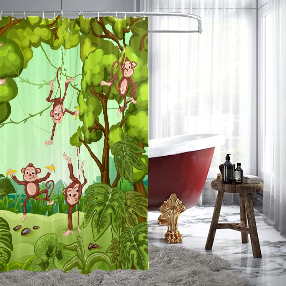Cute and Funny Forest Monkeys with Green Leaves Print Shower Curtain Set - Quick-Drying Curtain for Bathroom Decor