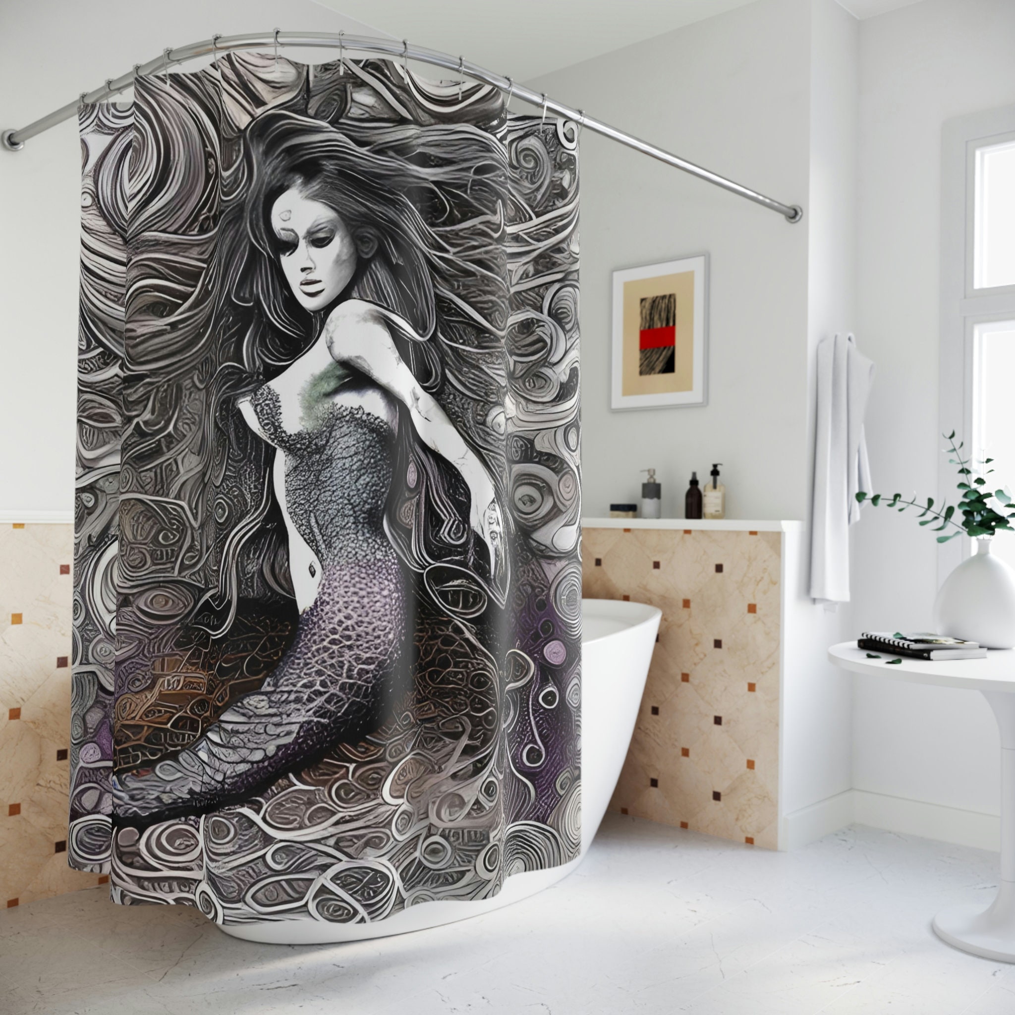 Cute and Quirky Rainbow Mermaid Shower Curtain - Abstract Art Design Print for Modern Bathroom Decor