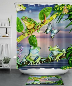Cute and Sharp Monstera Flower Frog Butterfly Tropical Plant Shower Curtain for Kids