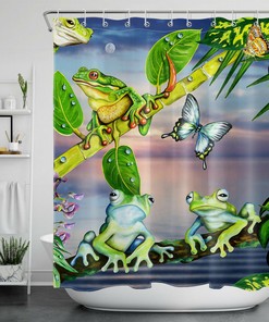 Cute and Sharp Monstera Flower Frog Butterfly Tropical Plant Shower Curtain for Kids