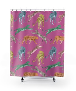 Cute and Stylish Rainbow Leopards on Pink Shower Curtain for a Fun and Girly Bathroom