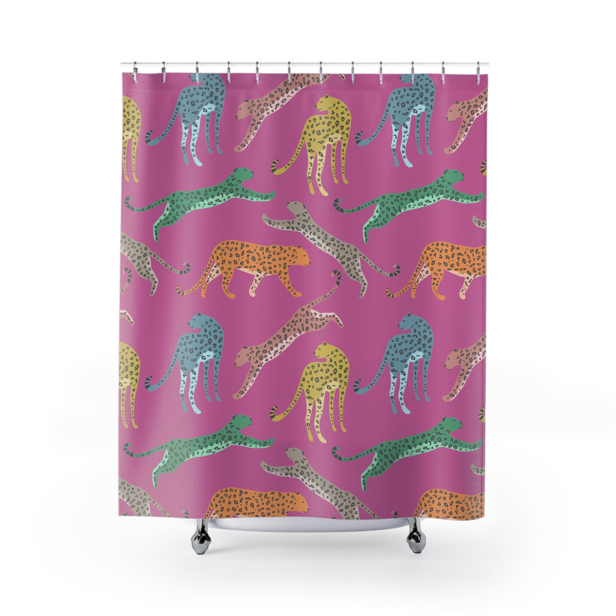 Cute and Stylish Rainbow Leopards on Pink Shower Curtain for a Fun and Girly Bathroom