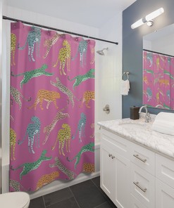 Cute and Stylish Rainbow Leopards on Pink Shower Curtain for a Fun and Girly Bathroom