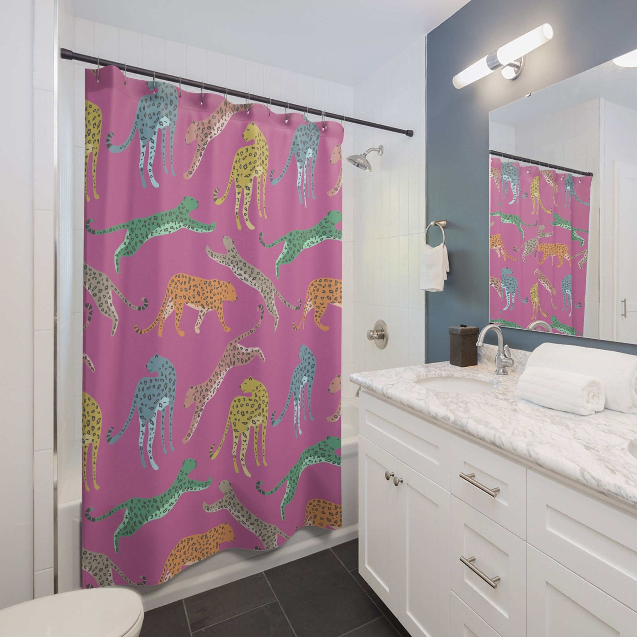 Cute and Stylish Rainbow Leopards on Pink Shower Curtain for a Fun and Girly Bathroom