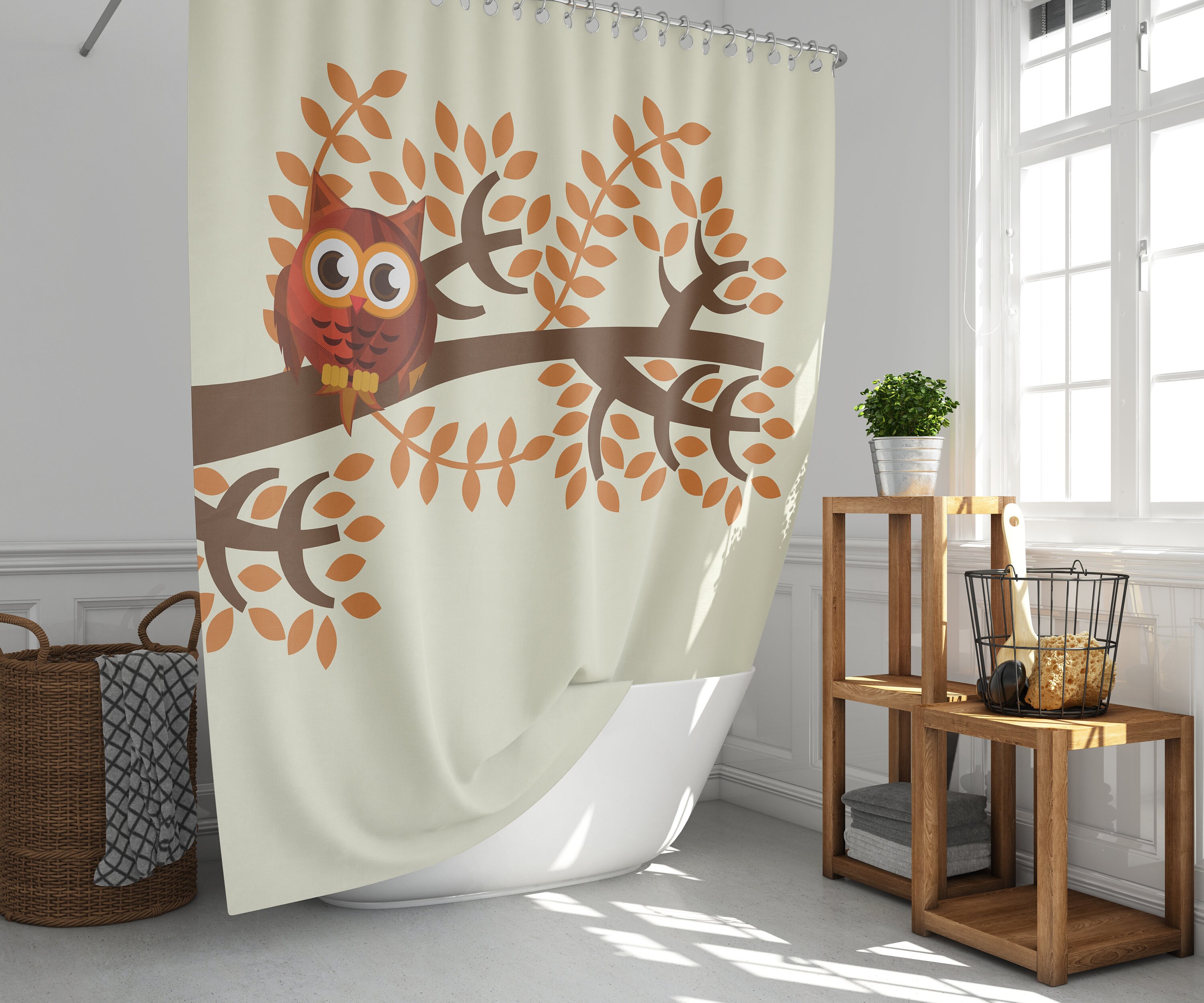 Cute bird leaves branch wildlife Owl on the tree Shower Curtain for Kids Bathroom Decor