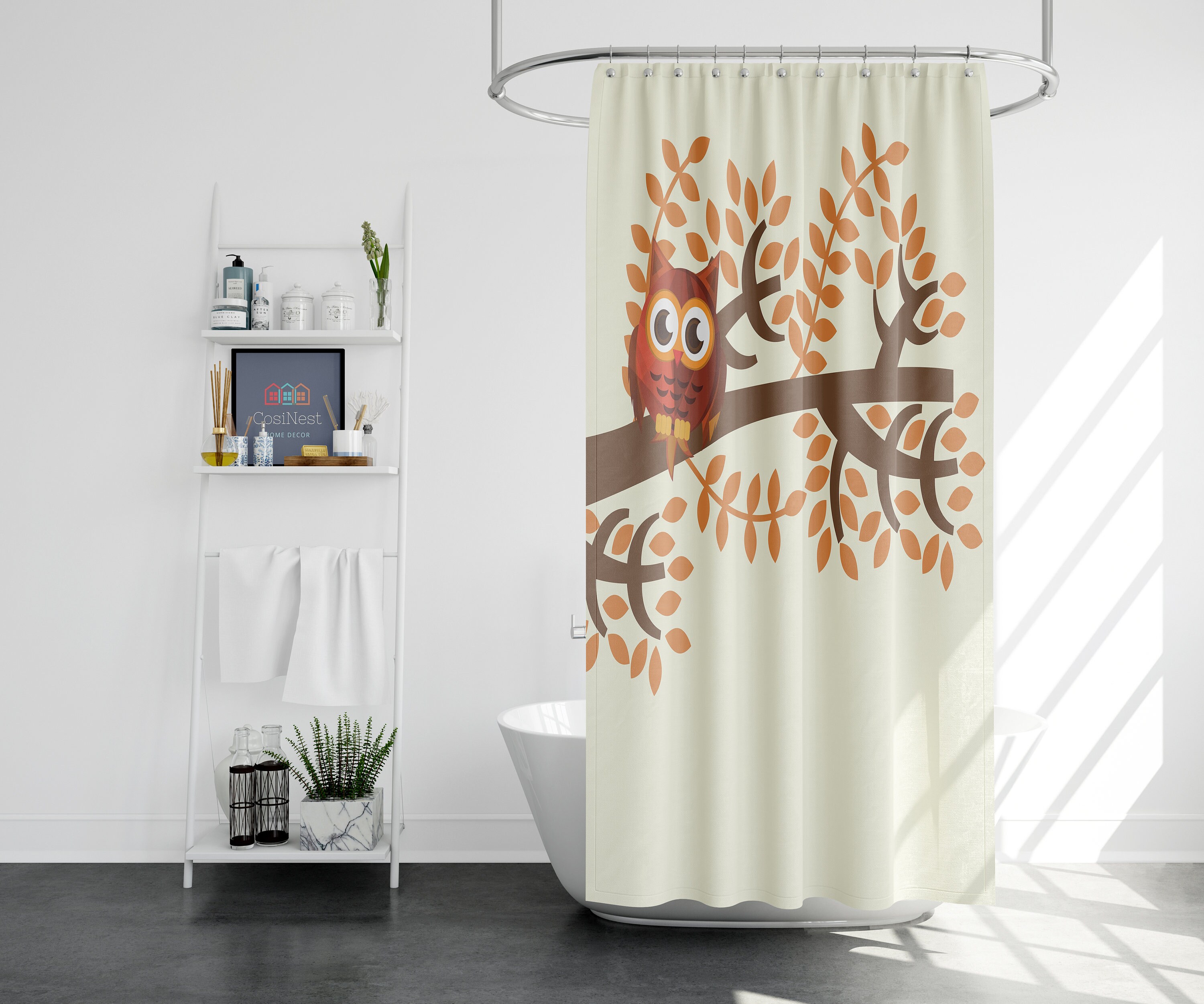 Cute bird leaves branch wildlife Owl on the tree Shower Curtain for Kids Bathroom Decor