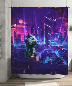 Cyberpunk Dinosaur Shower Curtain with Spaceship Moon Light Design