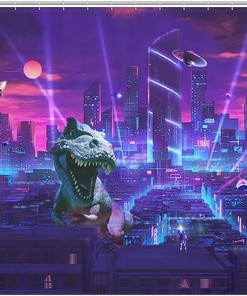 Cyberpunk Dinosaur Shower Curtain with Spaceship Moon Light Design