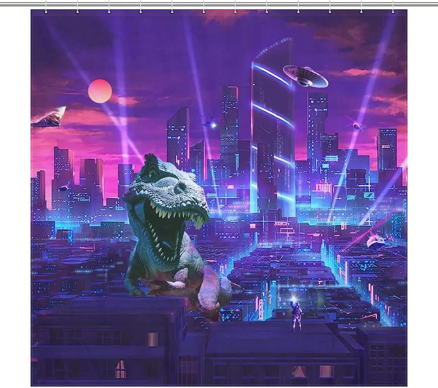 Cyberpunk Dinosaur Shower Curtain with Spaceship Moon Light Design