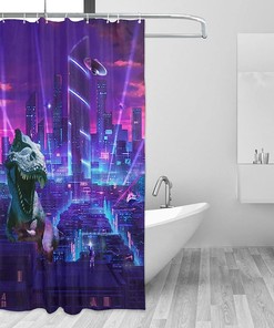 Cyberpunk Dinosaur Shower Curtain with Spaceship Moon Light Design