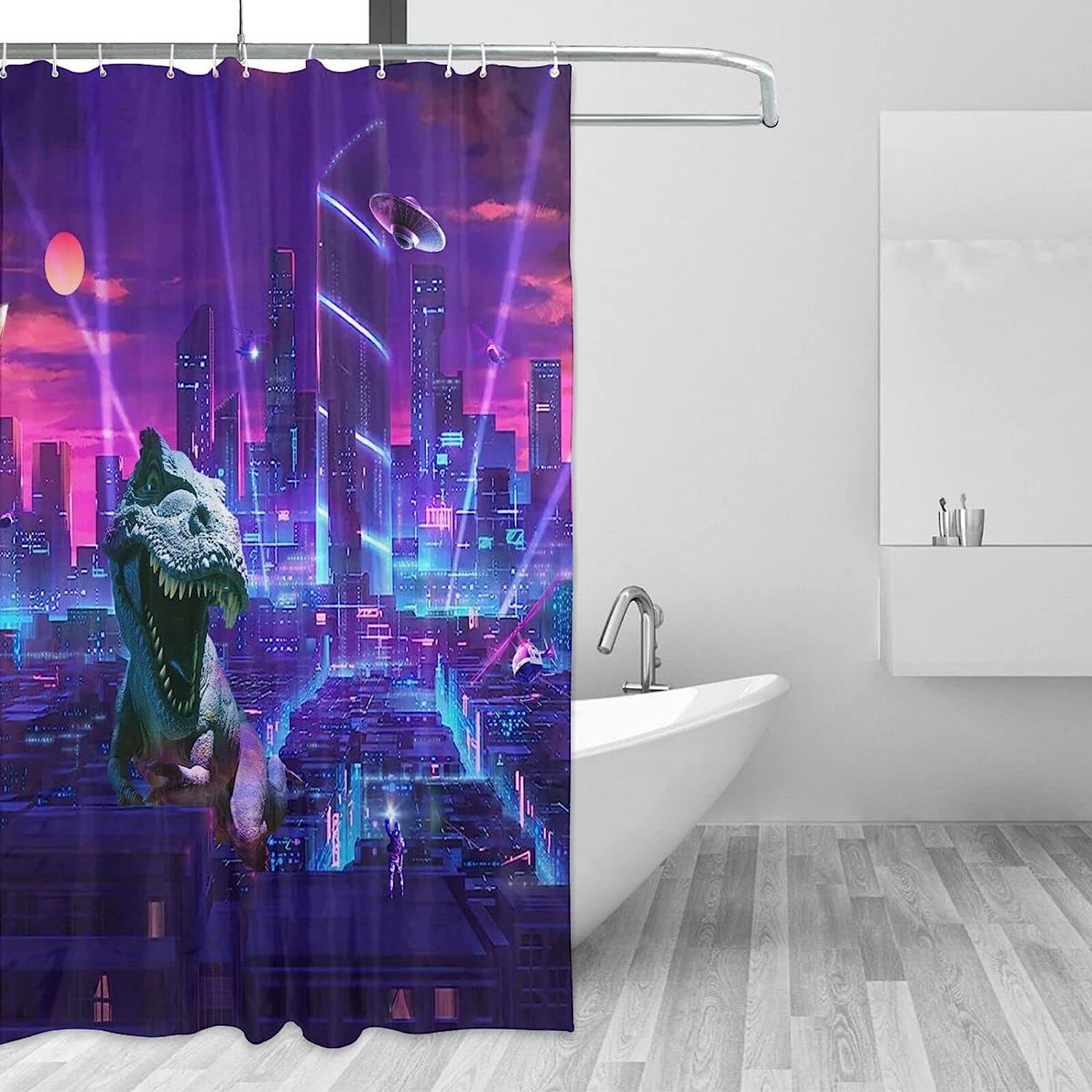 Cyberpunk Dinosaur Shower Curtain with Spaceship Moon Light Design