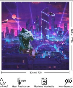 Cyberpunk Dinosaur Shower Curtain with Spaceship Moon Light Design