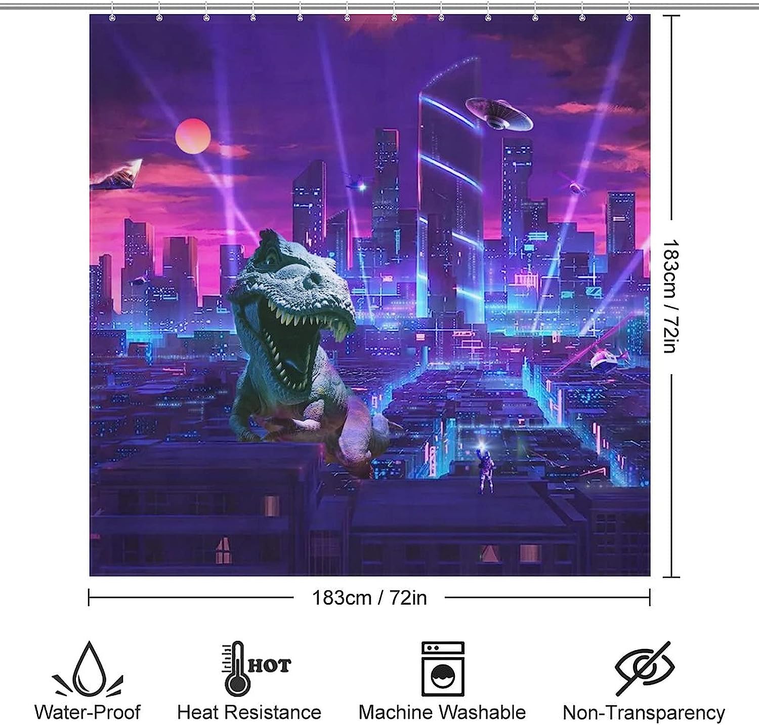 Cyberpunk Dinosaur Shower Curtain with Spaceship Moon Light Design