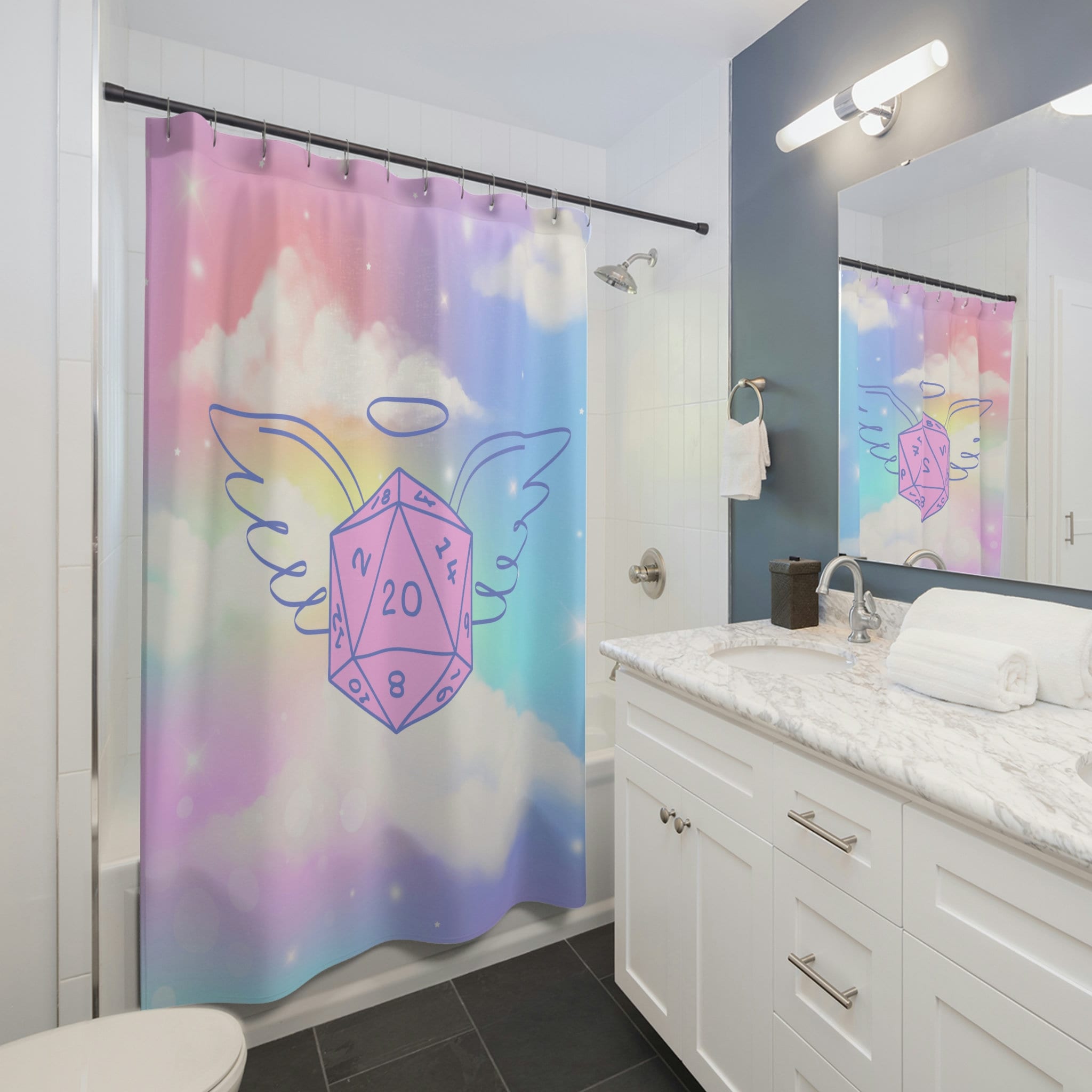 D20 Fantasy Shower Curtain With Nerdy Quotes