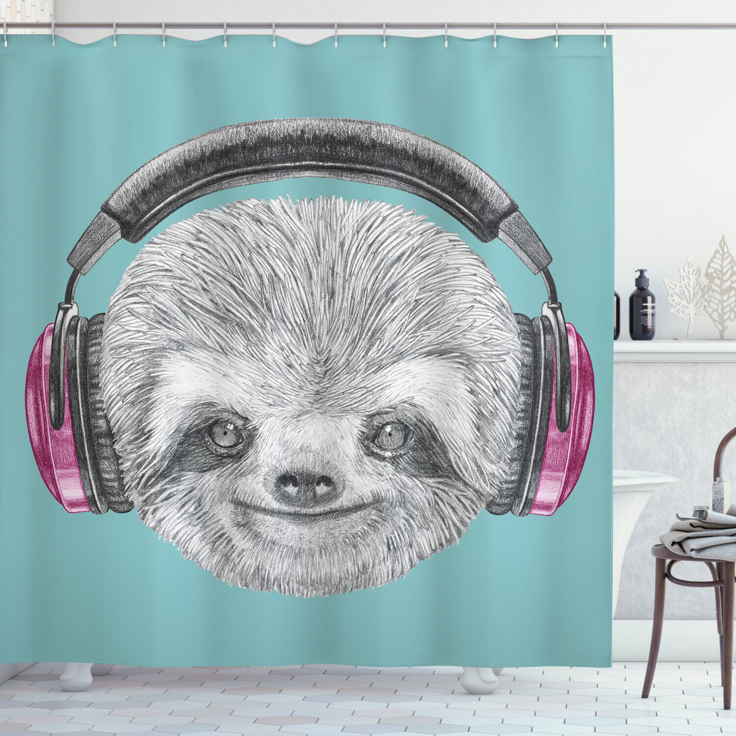 DJ Sloth Headphones Shower Curtain, Unique and Fun Bathroom Decor
