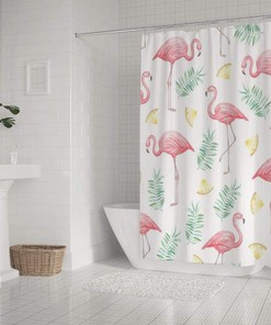 Daily Watercolor Flamingo and Leaves Shower Curtains, Waterproof Fabric