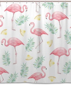 Daily Watercolor Flamingo and Leaves Shower Curtains, Waterproof Fabric