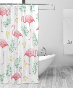 Daily Watercolor Flamingo and Leaves Shower Curtains, Waterproof Fabric