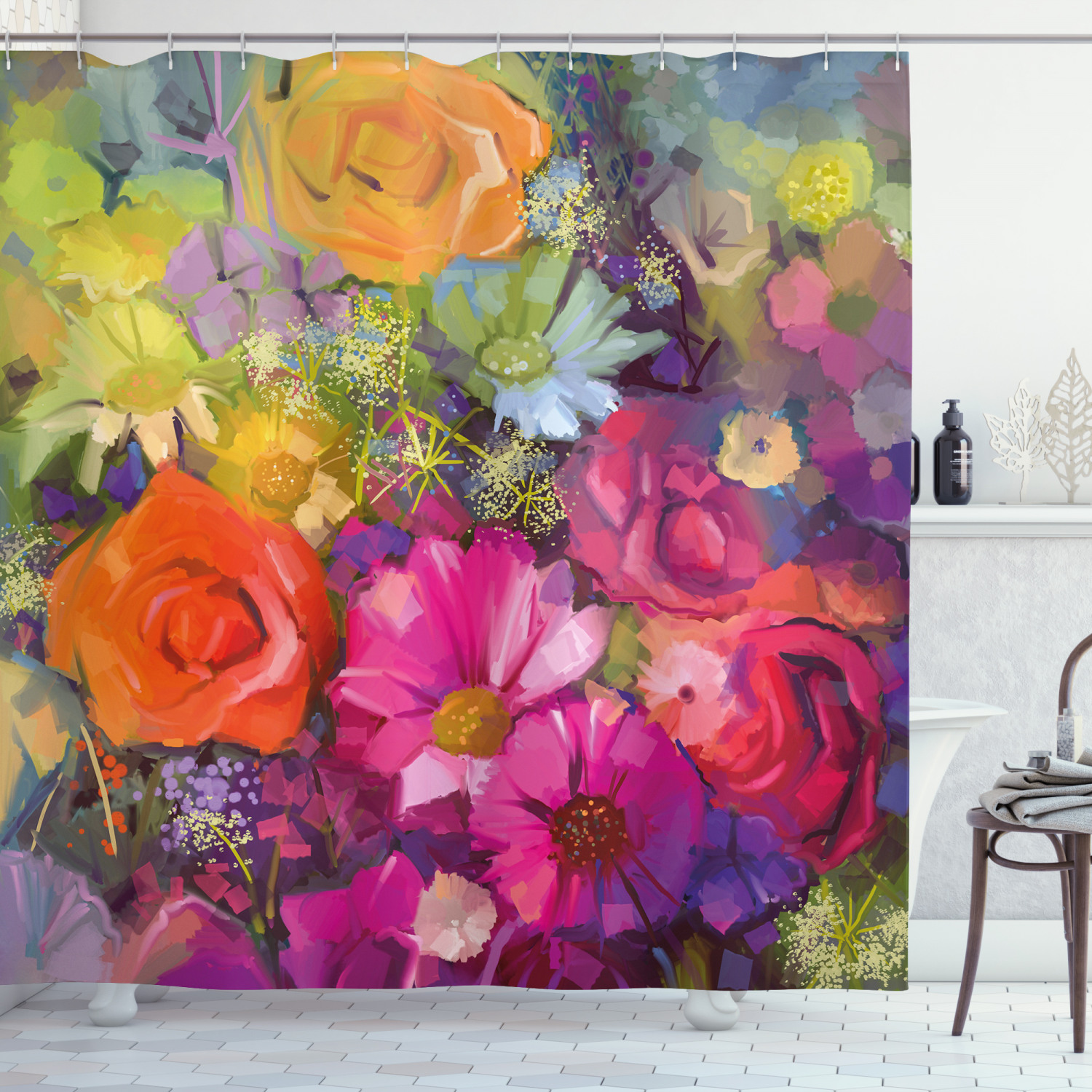 Daisies Peony Gerbera Print Floral Shower Curtain, Perfect For A Garden-Inspired Bathroom