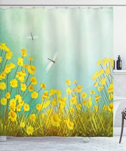 Daisies and Dragonflies Shower Curtain for a Playful and Rustic Bathroom Decor