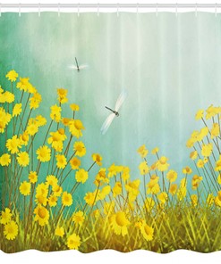 Daisies and Dragonflies Shower Curtain for a Playful and Rustic Bathroom Decor